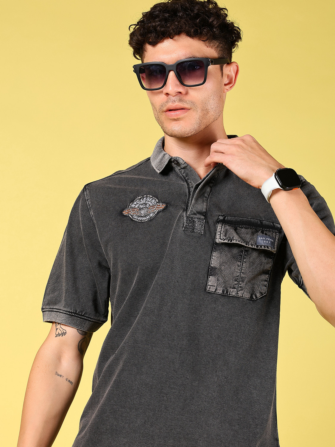 Image of V-MART Tie & Dye Men Polo Neck Grey T-Shirt