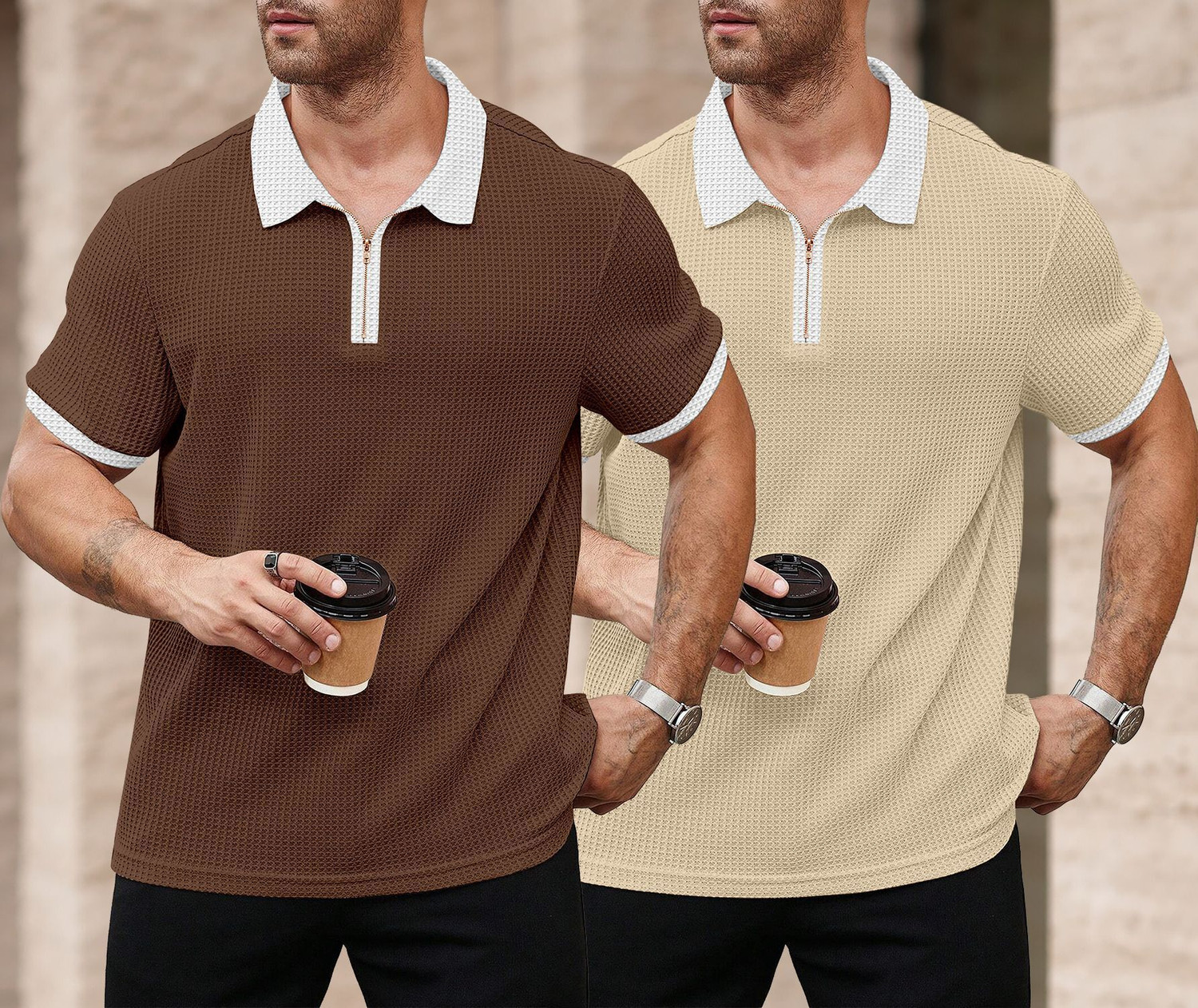 Image of GLOBAL NOMAD Self Design Men Zip Neck Brown, Beige T-Shirt