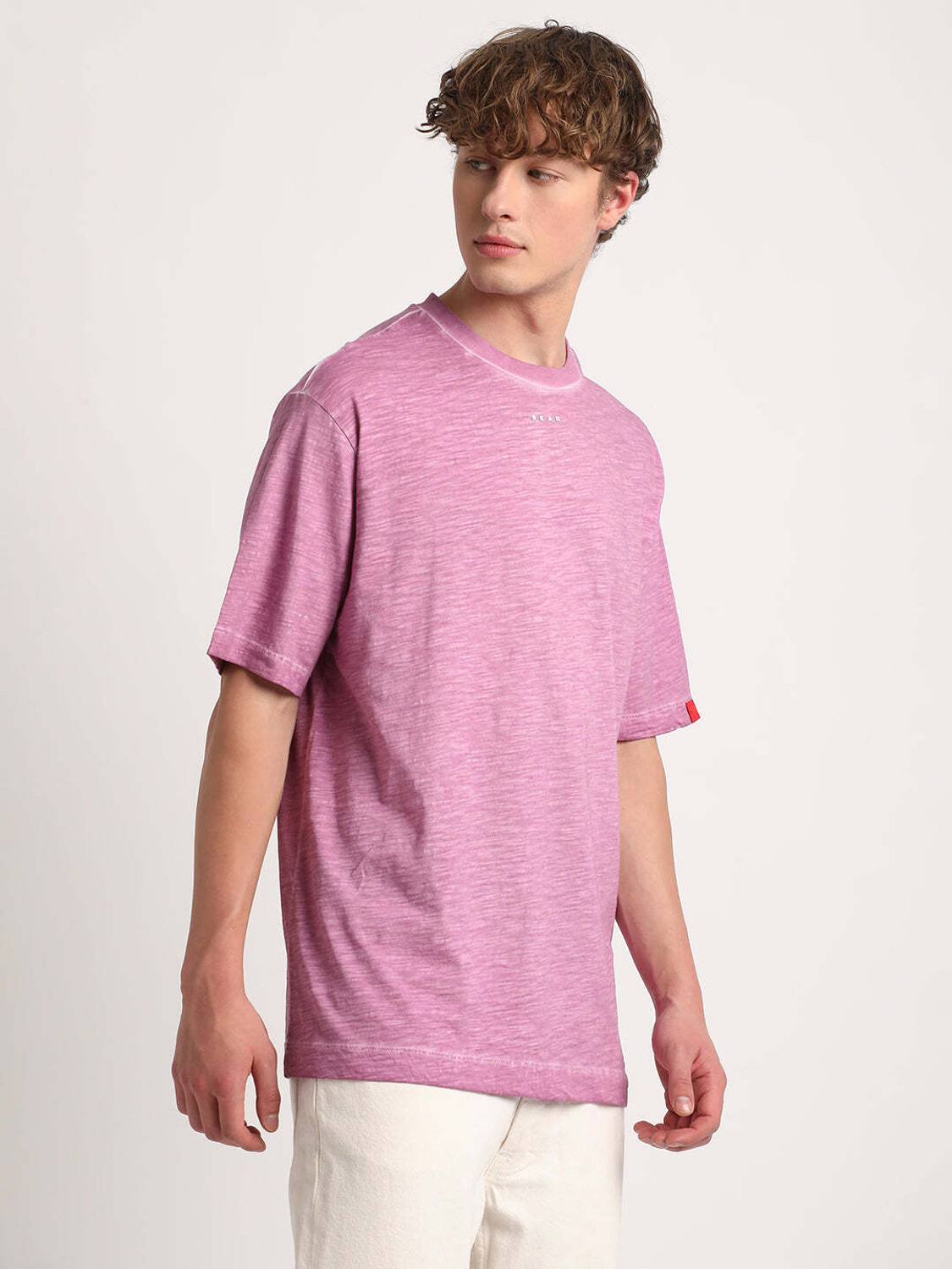 Image of THE BEAR HOUSE Solid Men Round Neck Pink T-Shirt