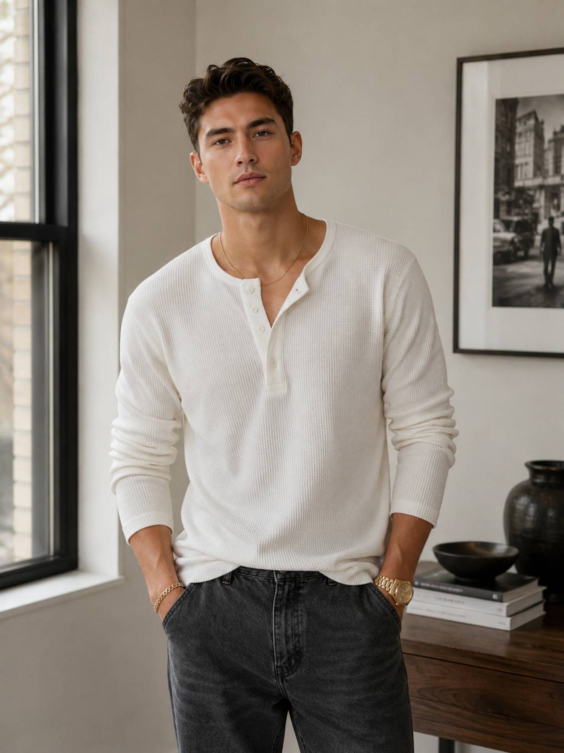 NetClick Men White Henley Neck T-Shirt - Image 1