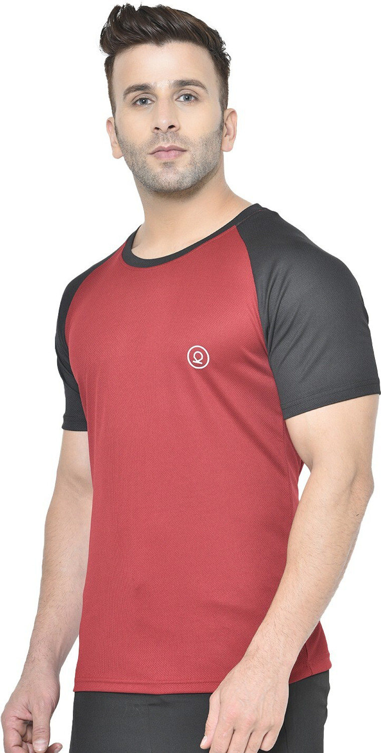 Image of CHKOKKO Colorblock Men Round Neck Maroon, Black T-Shirt