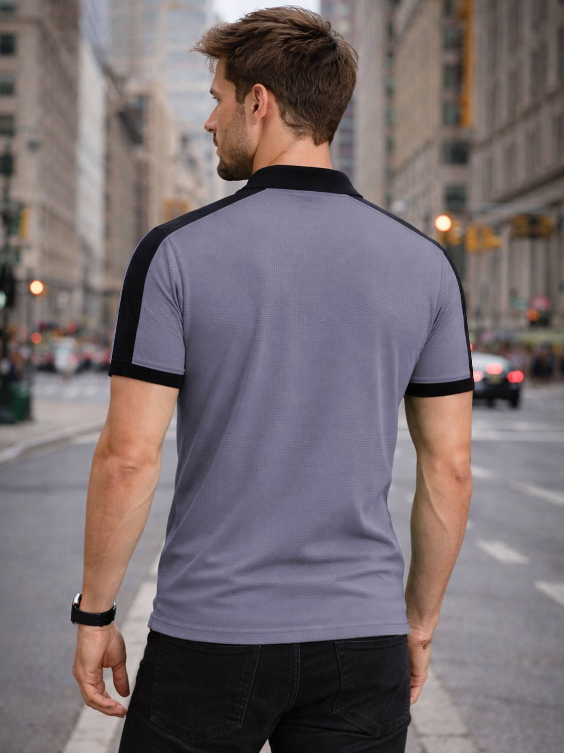 VeBNoR Men Grey Polo Neck T-Shirt - Image 2