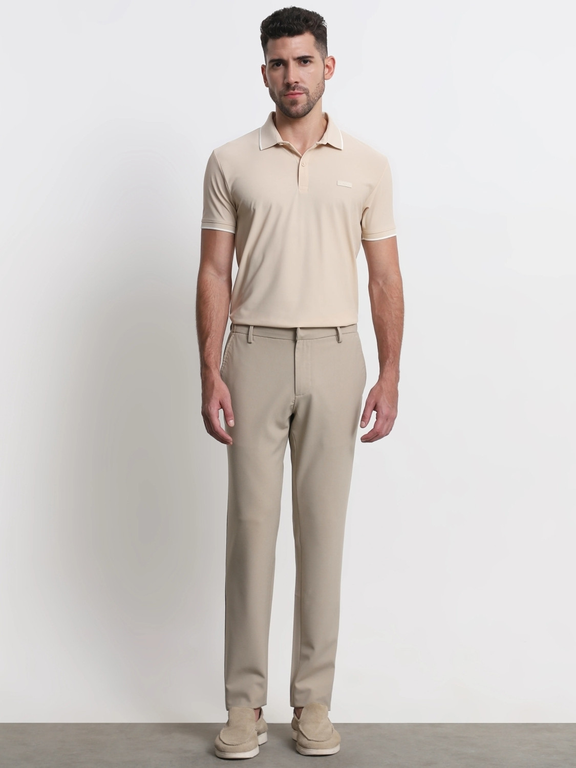 Image of MUFTI Self Design Men Polo Neck Beige T-Shirt