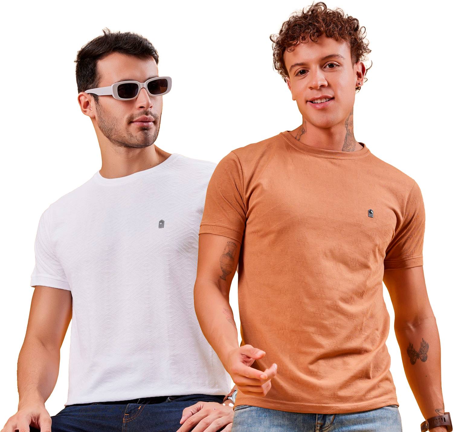 3BROS Solid Men Round Neck White, Brown T-Shirt