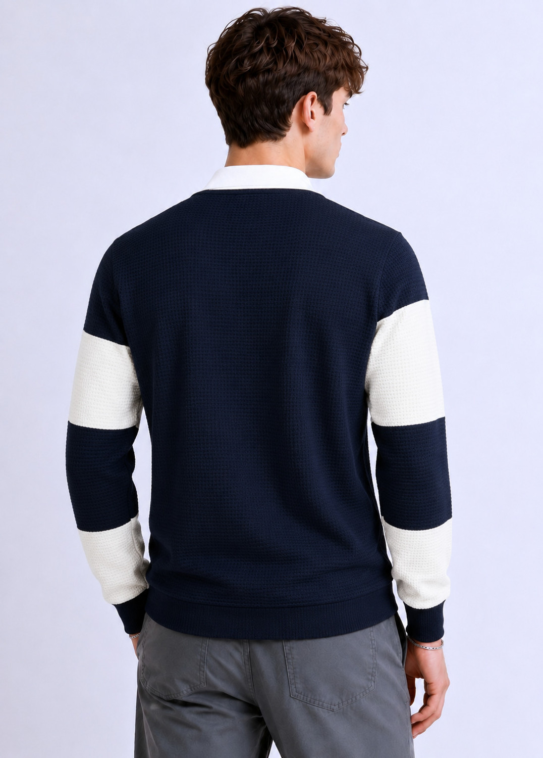 Image of Try This Colorblock Men Zip Neck Blue, White T-Shirt