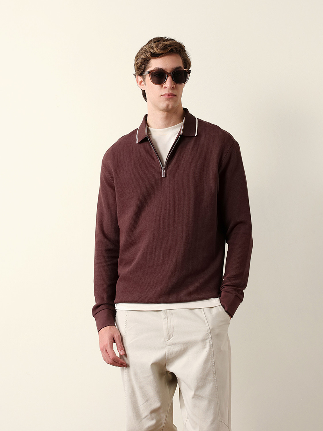 Image of THE BEAR HOUSE Self Design Men Polo Neck Brown T-Shirt