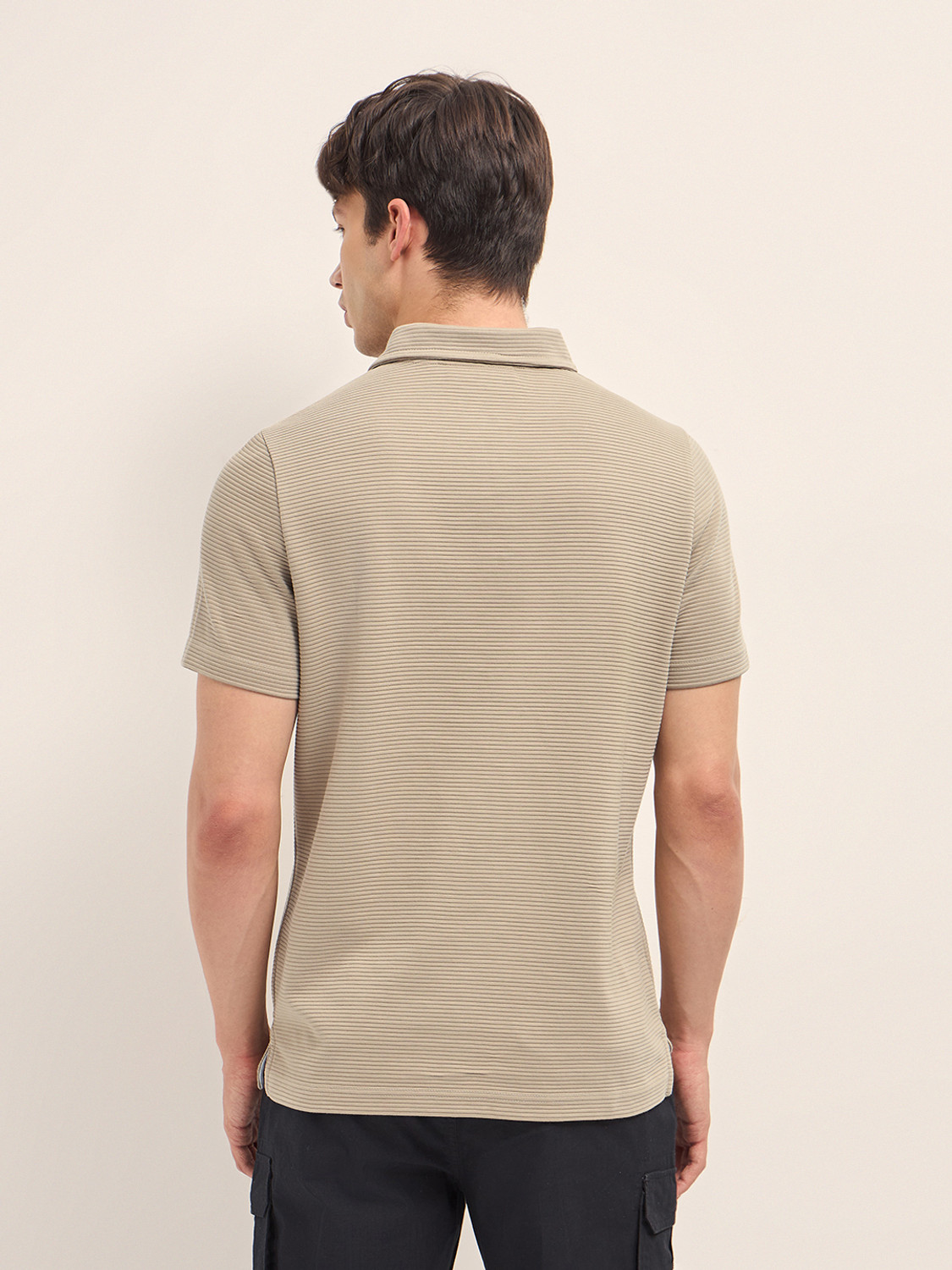 Image of THE BEAR HOUSE Self Design Men Polo Neck Beige T-Shirt