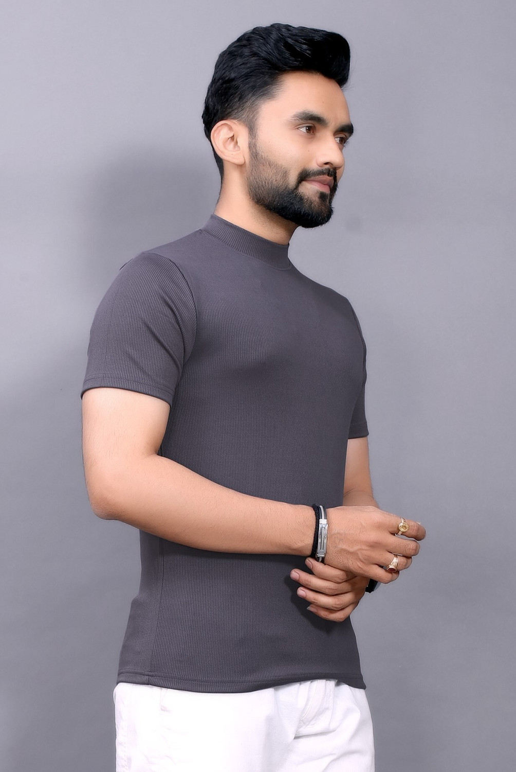 Image of DBAX Solid Men Turtle Neck Grey T-Shirt