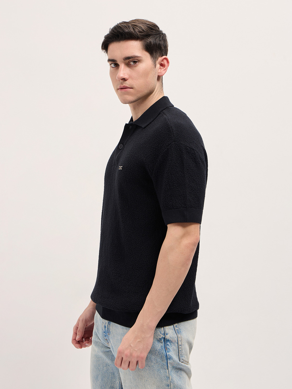 Image of THE BEAR HOUSE Solid Men Polo Neck Black T-Shirt