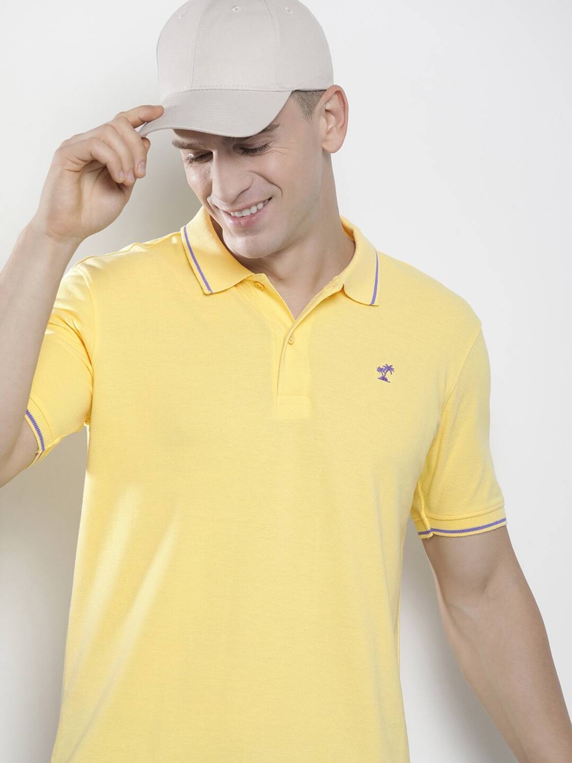 The Indian Garage Co. Men Solid Polo Neck Cotton Blend Yellow T-S
