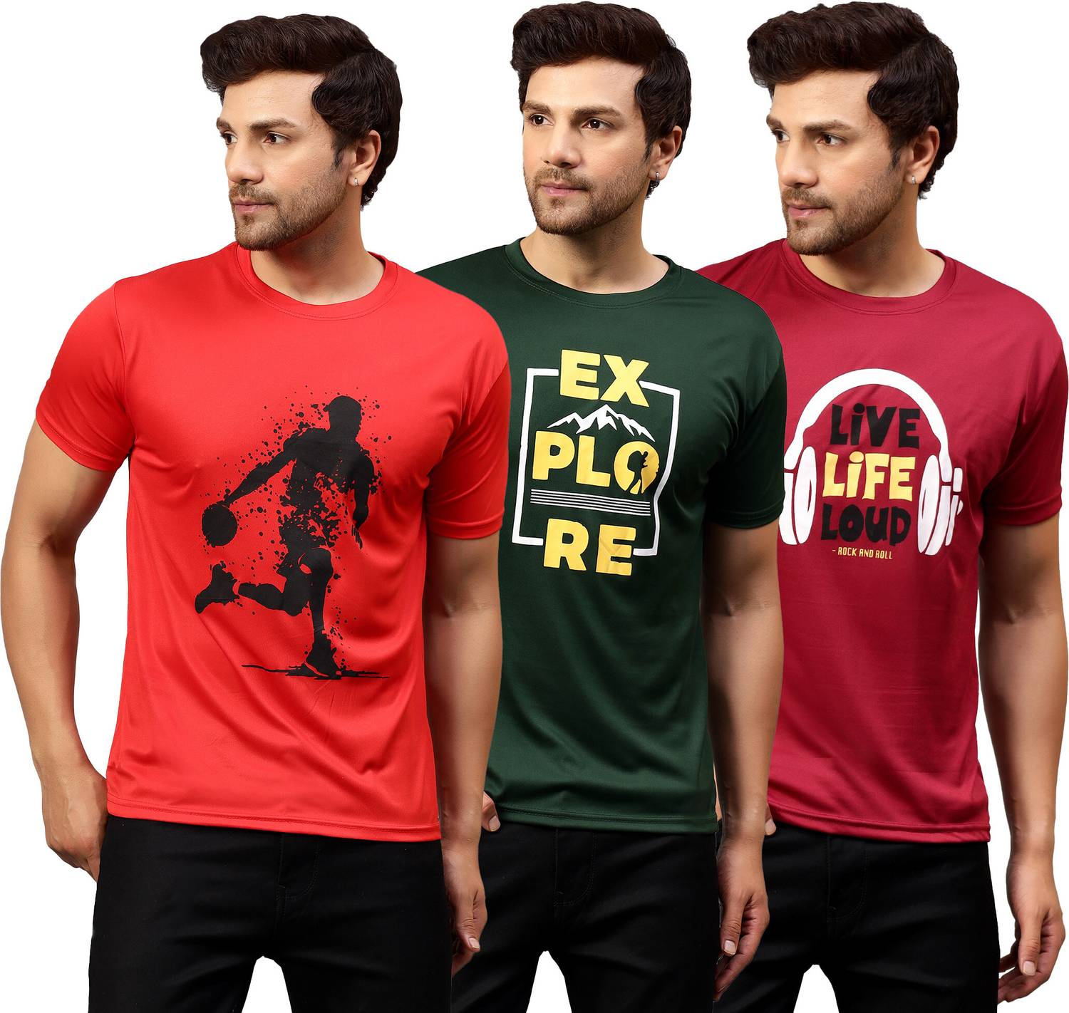 Garmin Pack of 3 Men Printed Round Neck Polyester Multicolor T-Sh