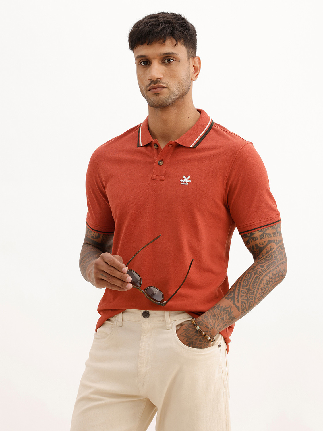 Image of WROGN Men Solid Polo Neck Pure Cotton Red T-Shirt