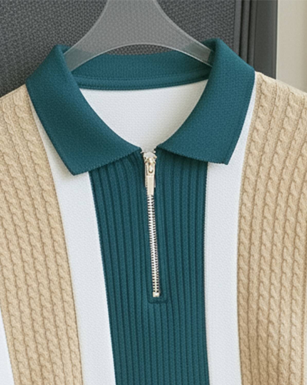 AUSK Beige, White Striped Men Polo Neck T-Shirt - Image 3