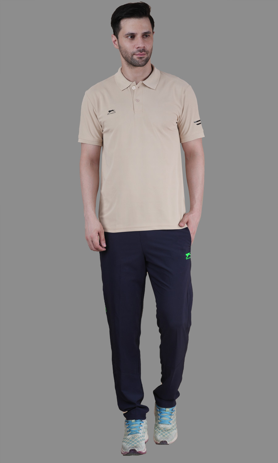 Image of Shiv Naresh Men Solid Polo Neck Polyester Beige T-Shirt