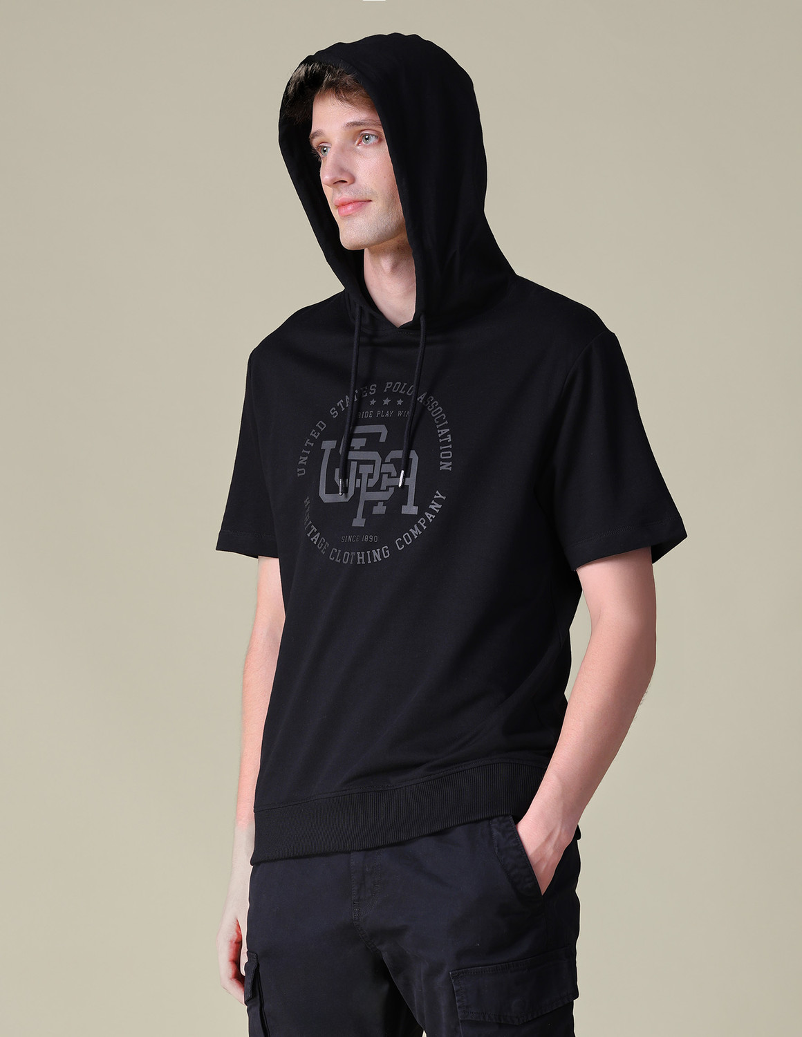 Image of U.S. Polo Assn. Denim Co. Printed Men Hooded Neck Black T-Shirt