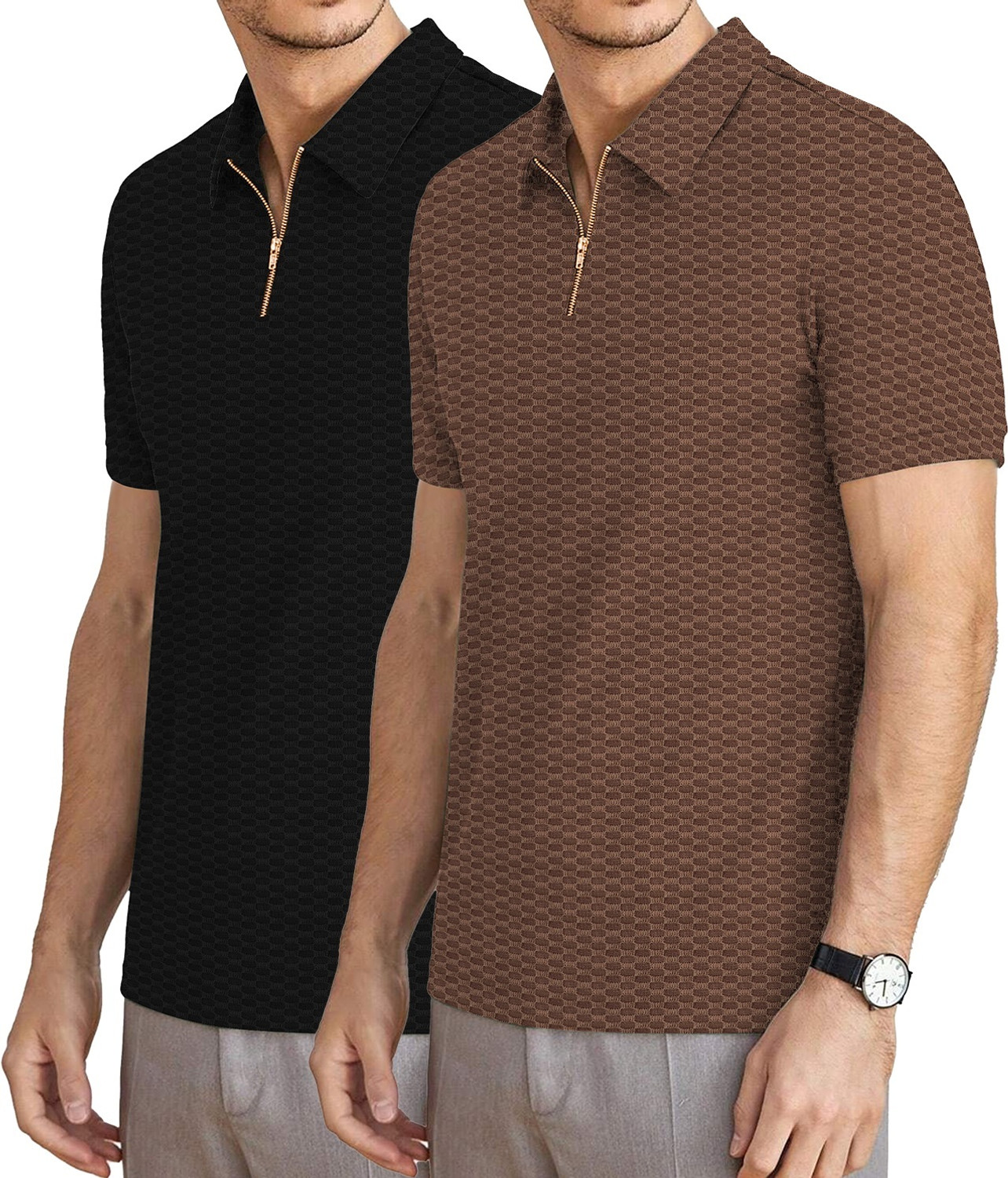 Image of KAJARU Self Design Men Zip Neck Black, Brown T-Shirt