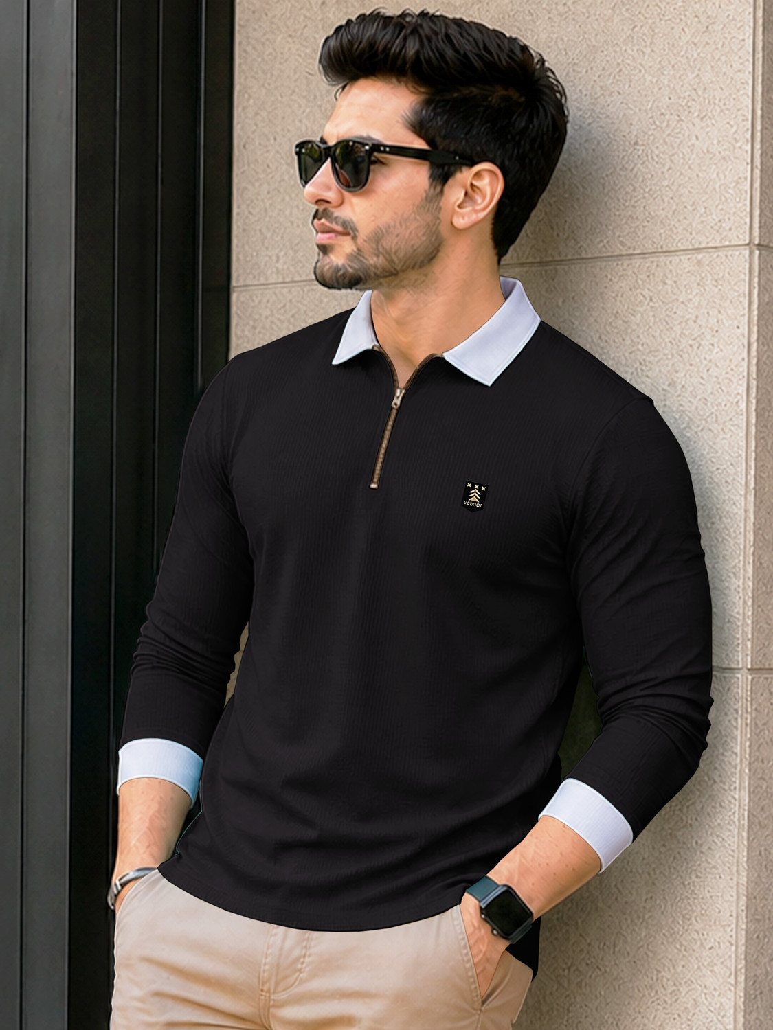 Image of VeBNoR Colorblock Men Zip Neck Black T-Shirt