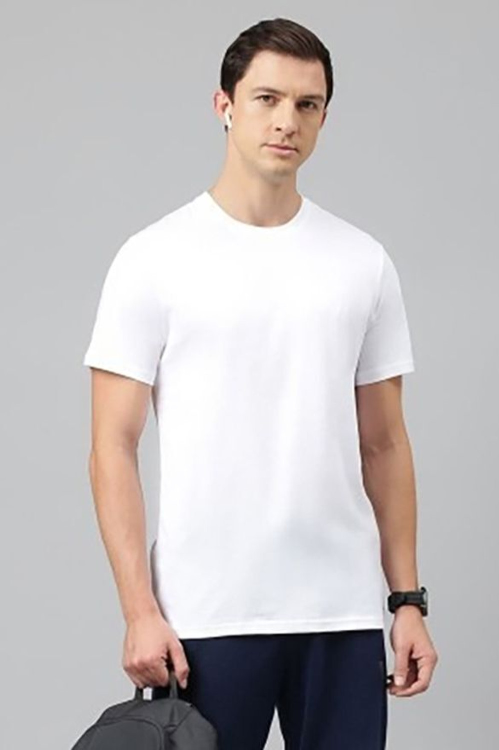 Image of DAISY Solid Men Round Neck White, Black T-Shirt