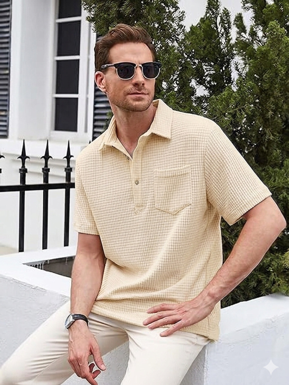 Image of ColorChakra Self Design Men Polo Neck White T-Shirt