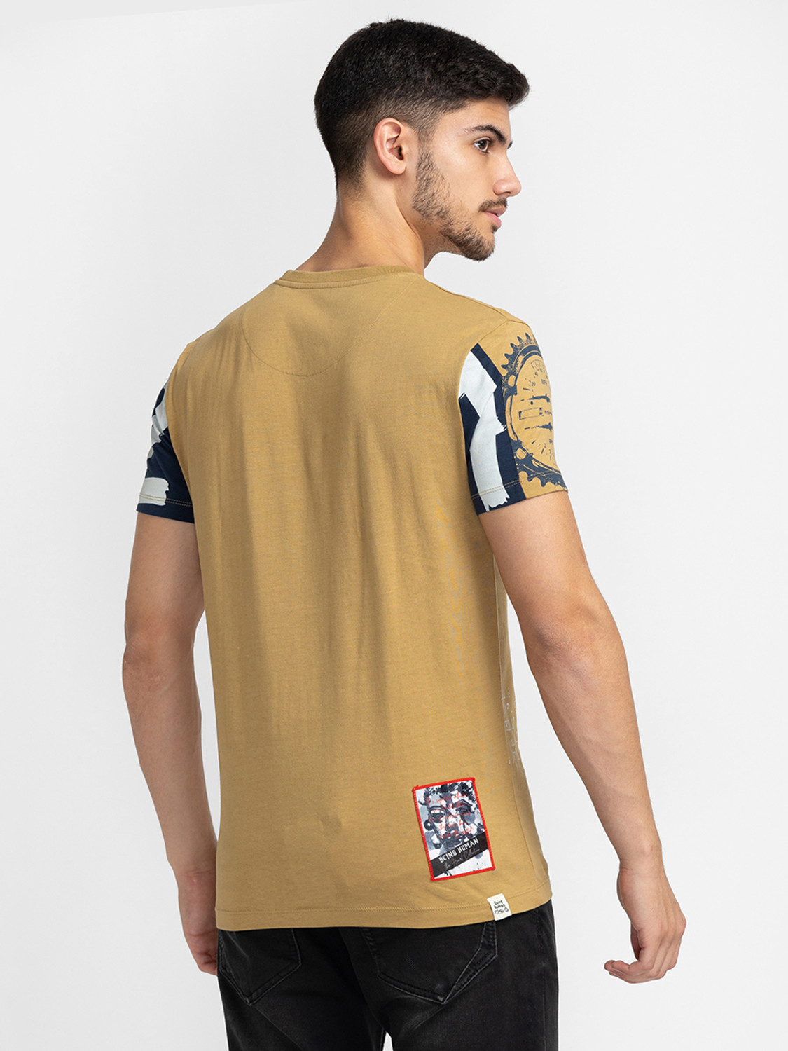 Image of BEING HUMAN Printed Men Round Neck Beige T-Shirt