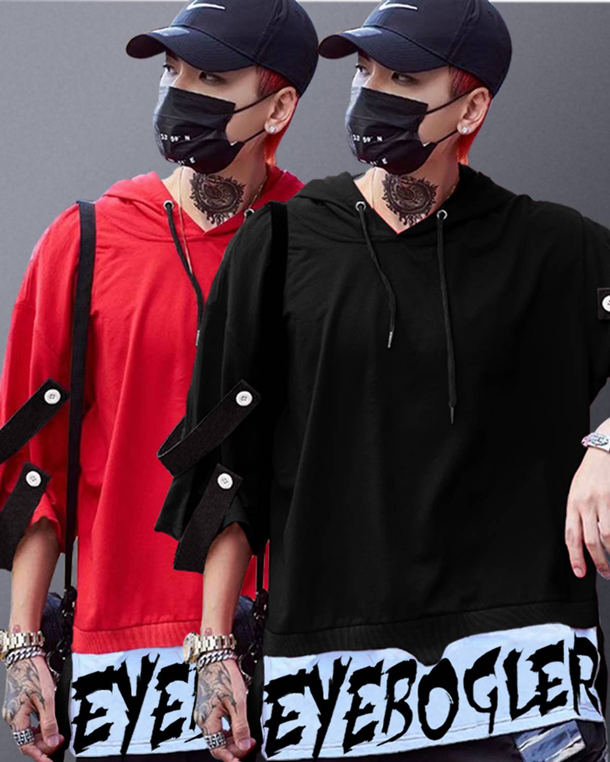 EyeBogler Pack of 2 Men Printed Hooded Neck Cotton Blend Black, R