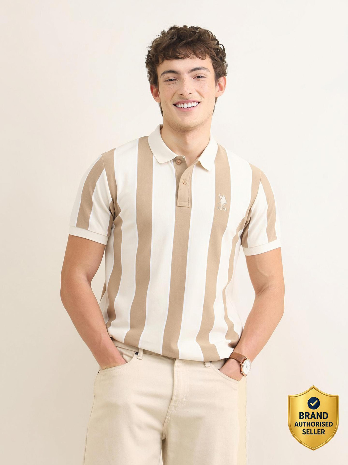 Image of U.S. POLO ASSN. Striped Men Polo Neck Beige T-Shirt