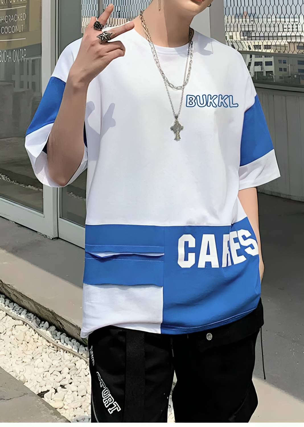 BUKKL Men Printed Round Neck Pure Cotton White, Blue T-Shirt