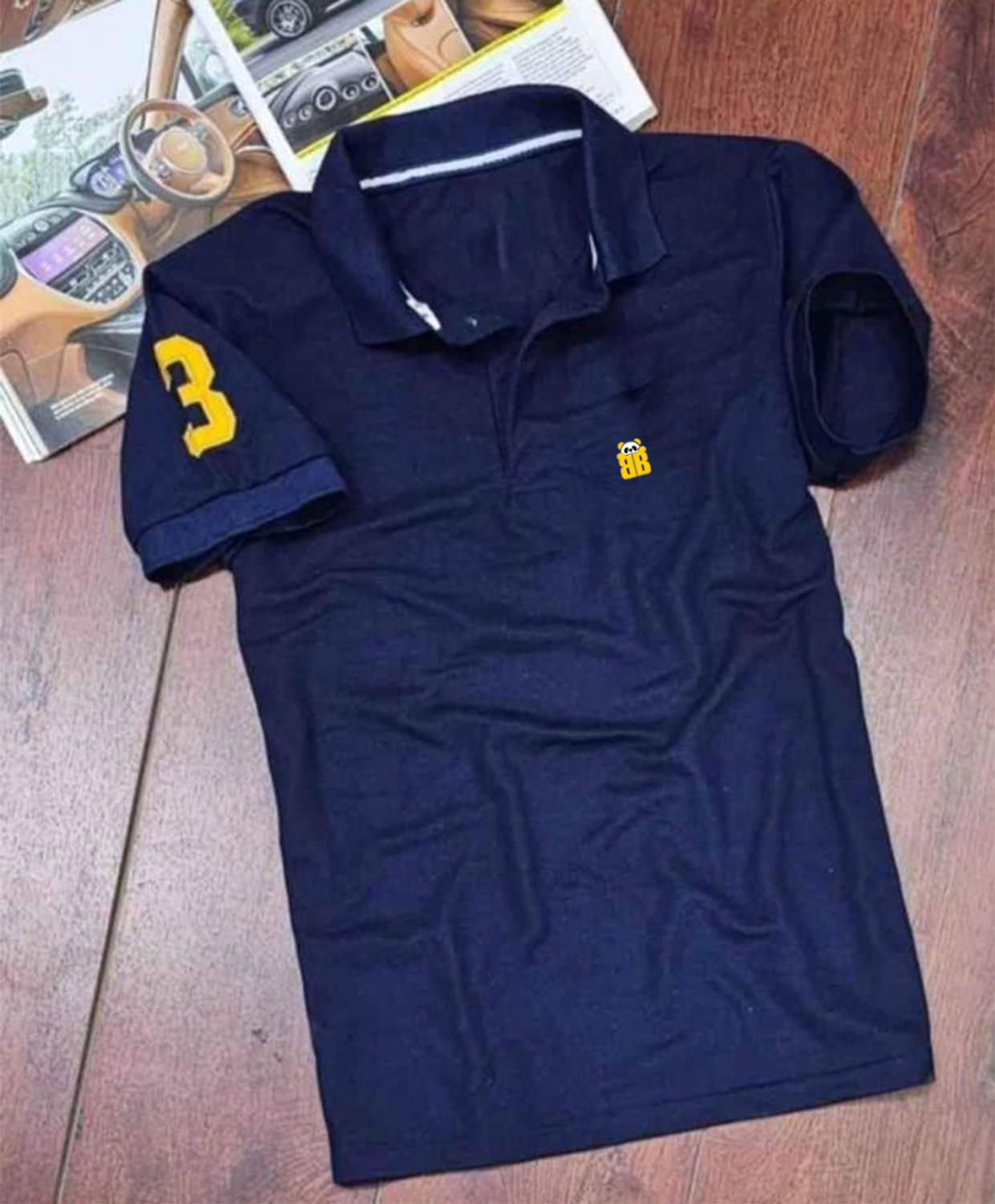 Image of Bliss Bell Solid Men Polo Neck Navy Blue, Light Blue T-Shirt