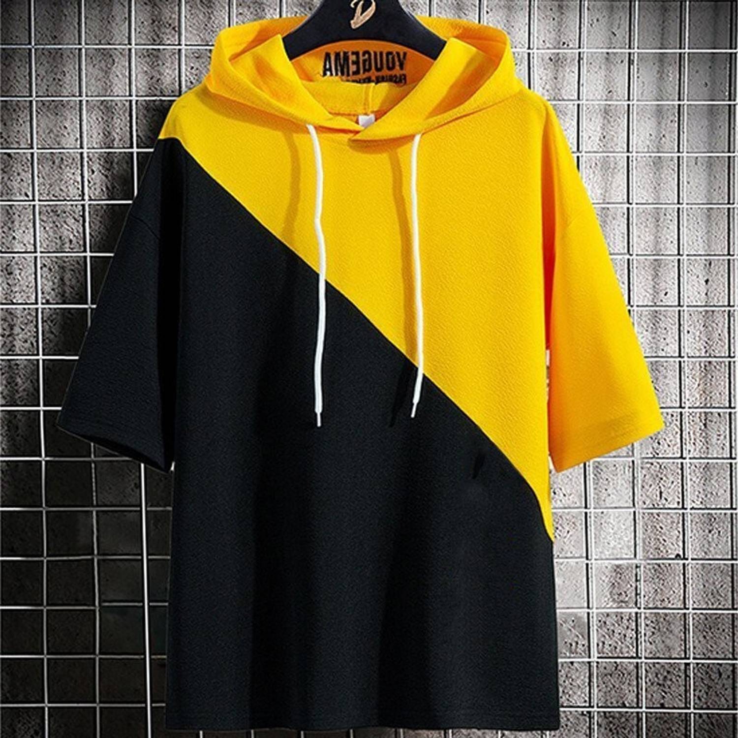 Try This Men Colorblock Hooded Neck Cotton Blend Yellow T-Shirt