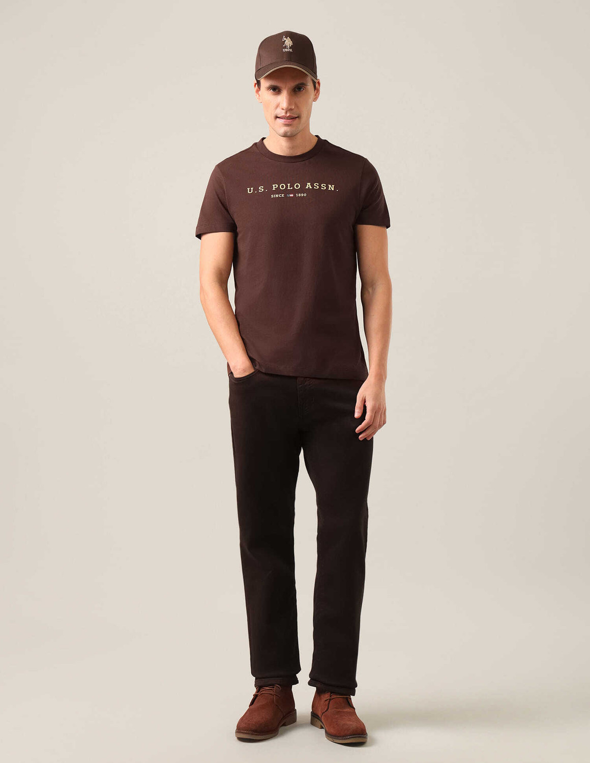Image of U.S. POLO ASSN. Graphic Print Men Round Neck Brown T-Shirt