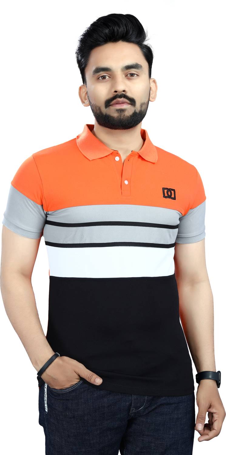 DyrectDeals Men Colorblock Polo Neck Polycotton Orange T-Shirt