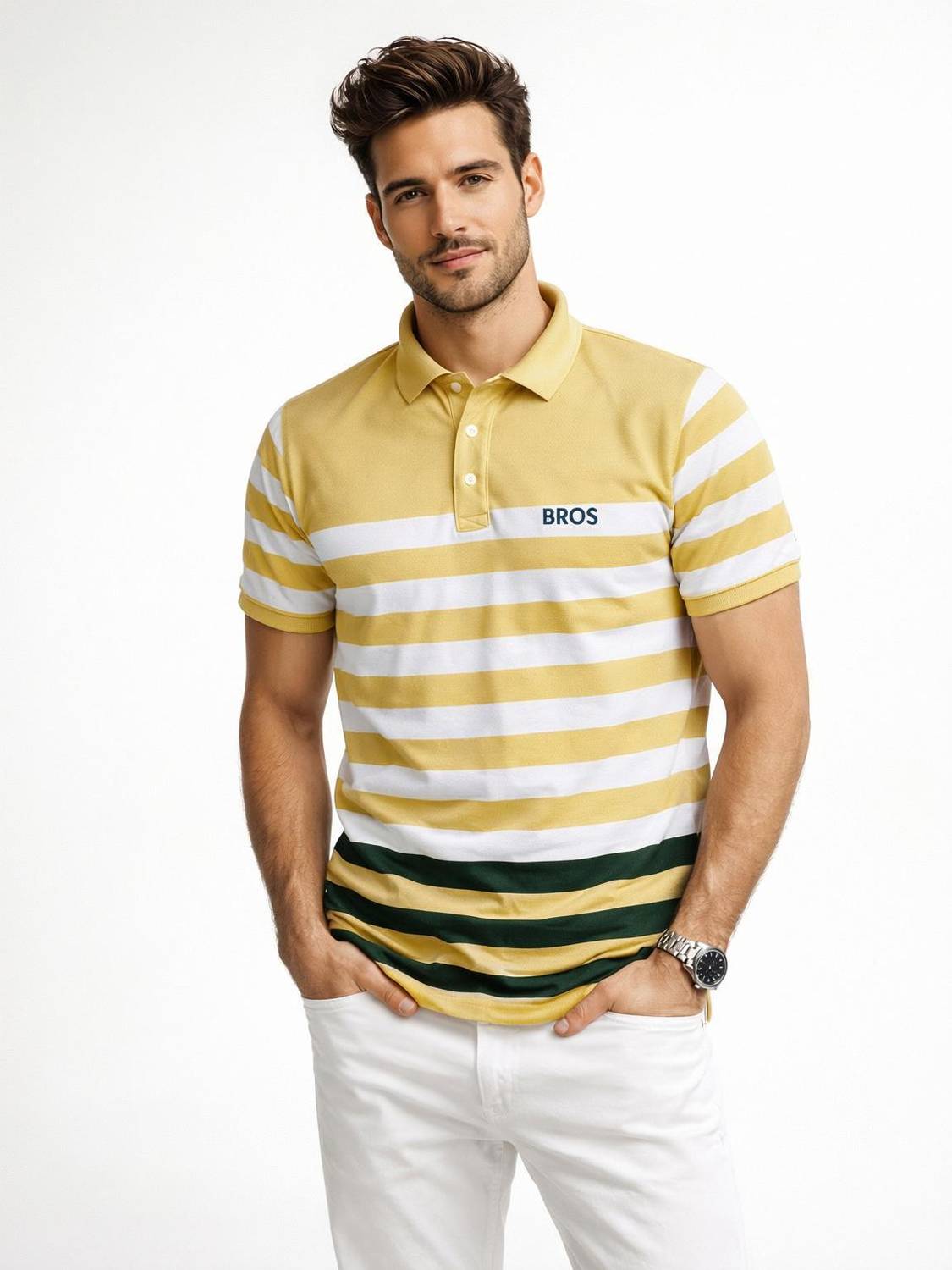 3BROS Striped Men Polo Neck Yellow T-Shirt