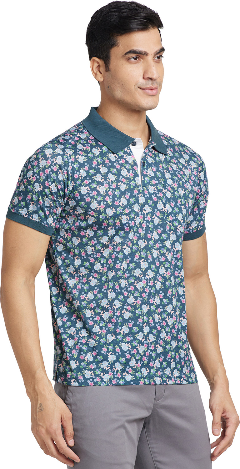 Image of Raymond Printed Men Polo Neck Blue T-Shirt