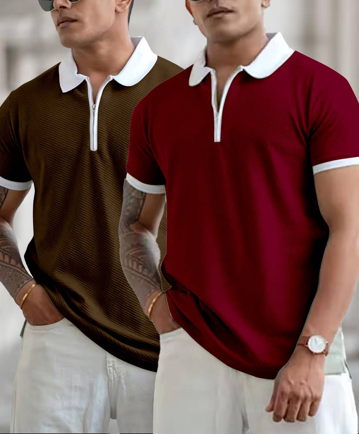 COMBRAIDED Men Polo Neck Brown, Maroon T-Shirt Pack of 2 - Image 2