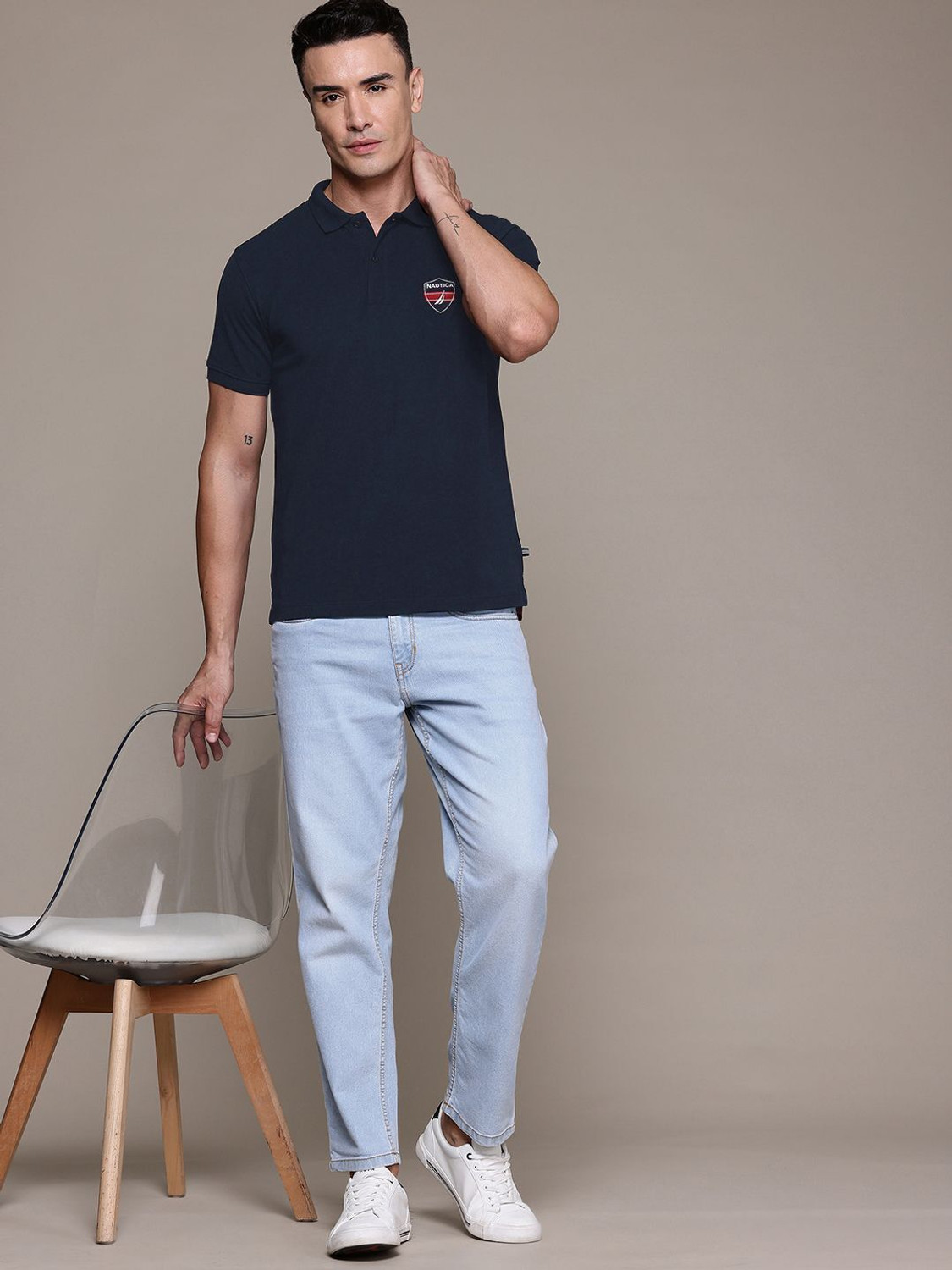 Image of NAUTICA Solid Men Polo Neck Blue T-Shirt