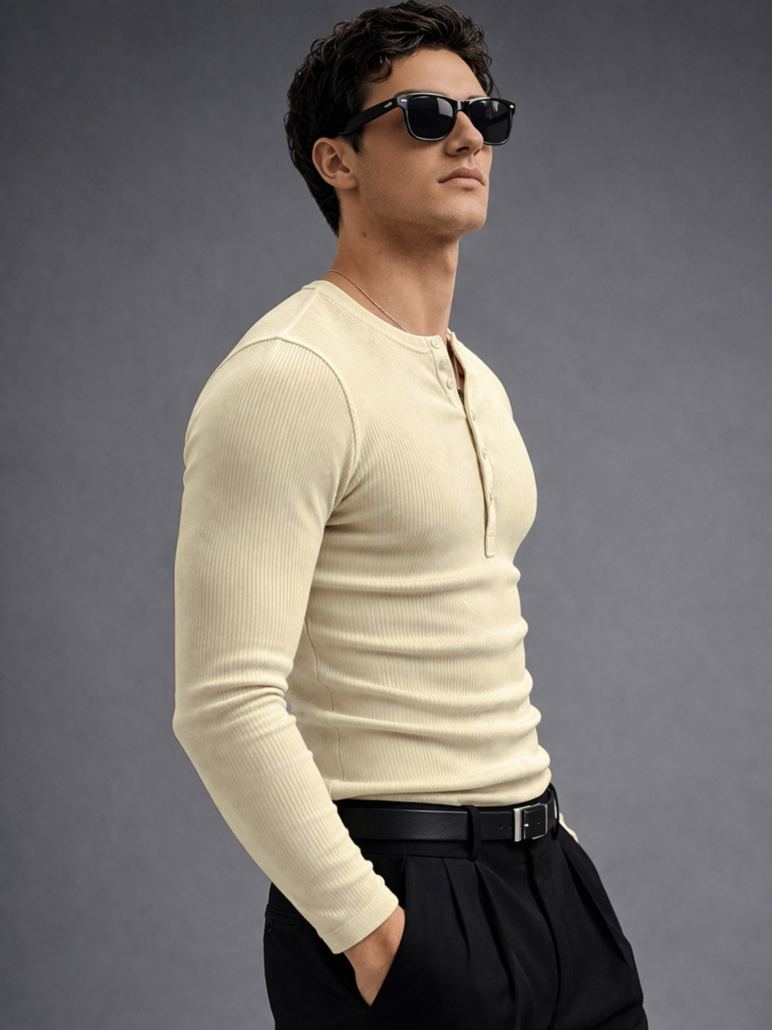 Image of MANIAC Solid Men Henley Neck Beige T-Shirt