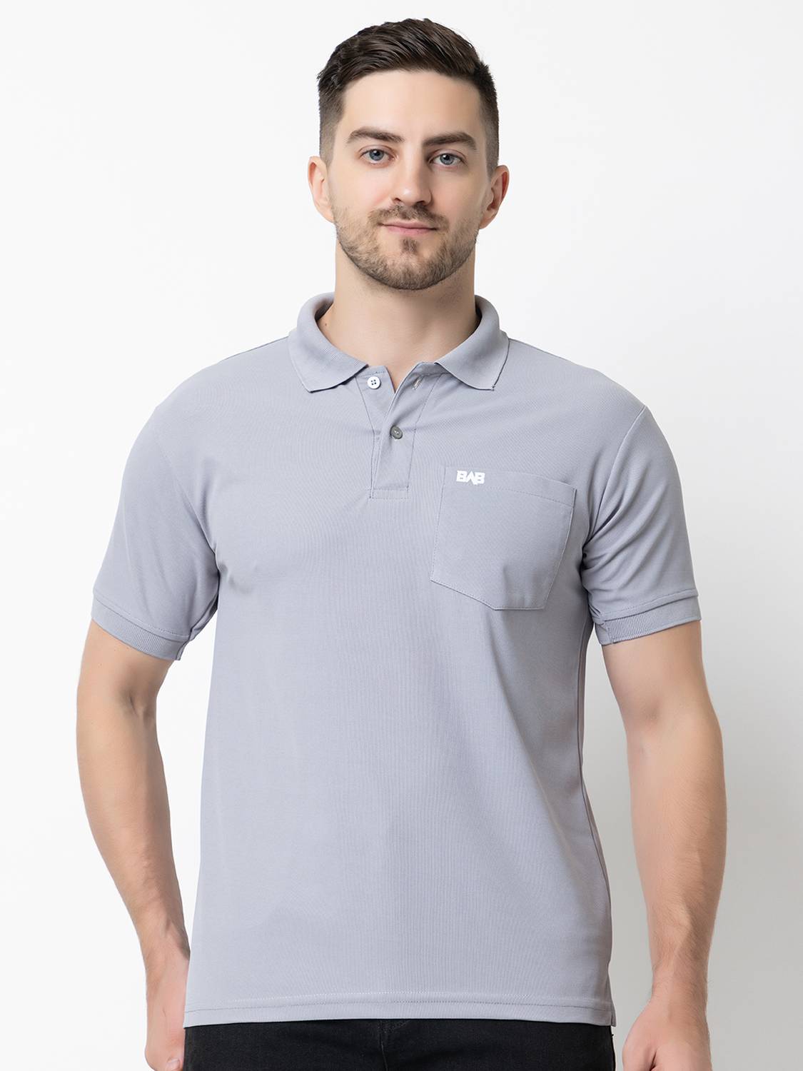 BAB Men Solid Polo Neck Cotton Blend Grey T-Shirt
