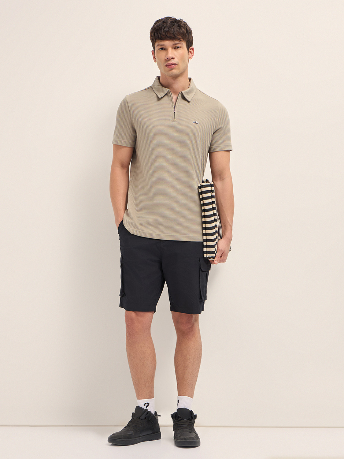 Image of THE BEAR HOUSE Self Design Men Polo Neck Beige T-Shirt