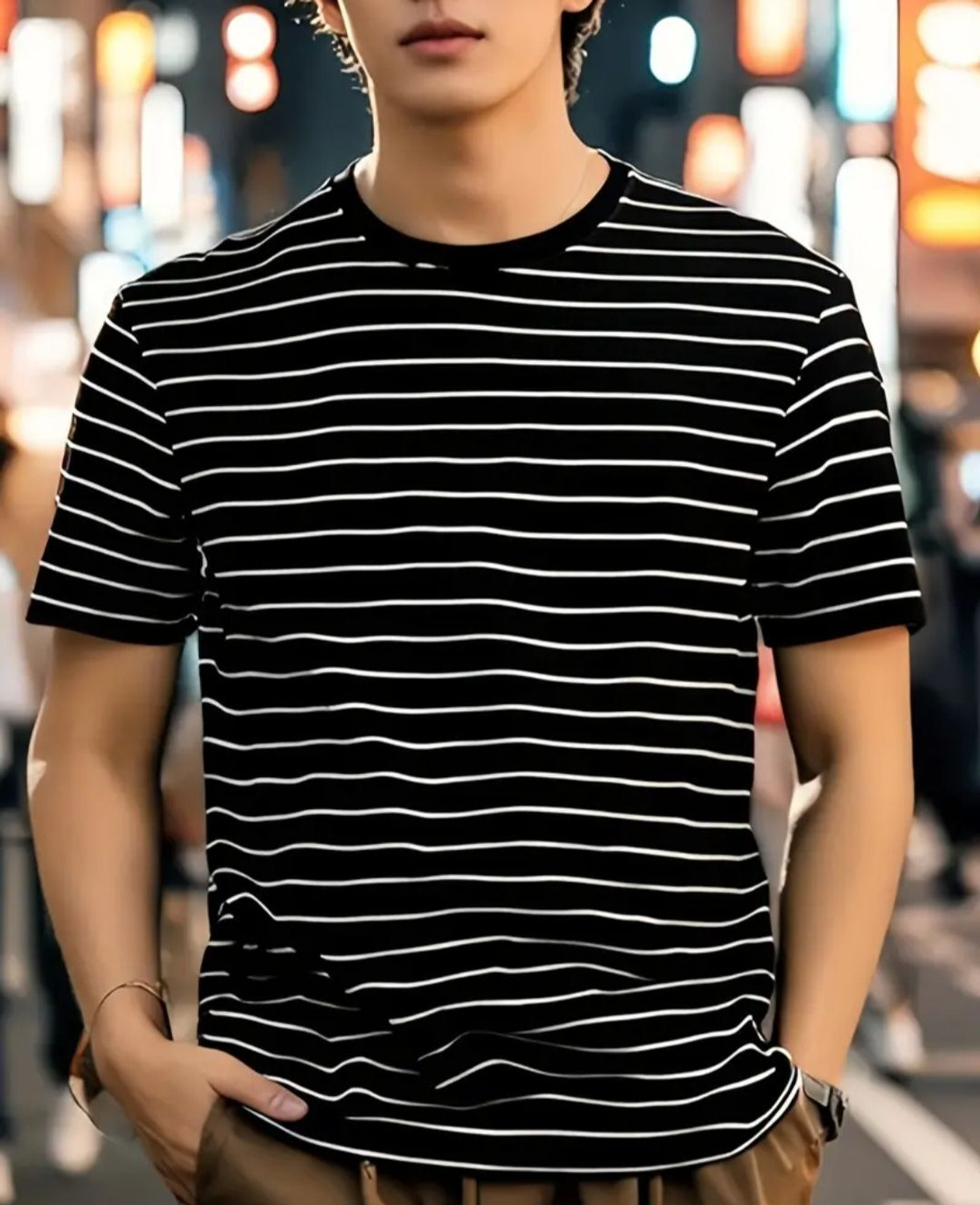 Image of Smart Colors Striped Men Round Neck Black T-Shirt