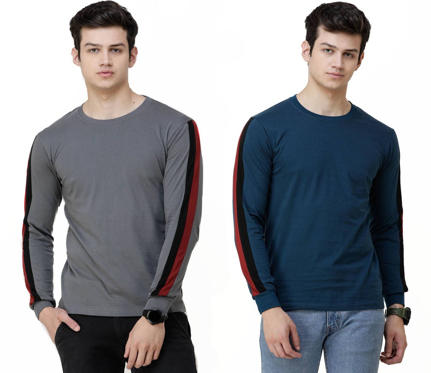 COUNTRY YARD Men Striped Round Neck Pure Cotton Blue, Grey T-Shir