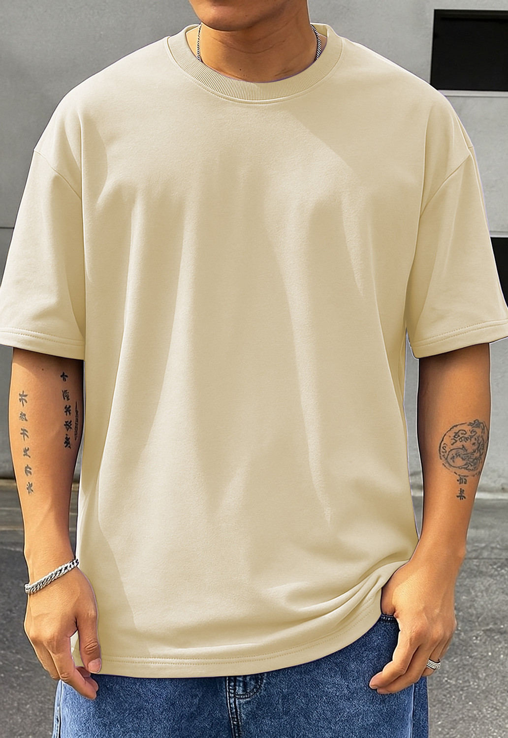Image of Mania Fashion Solid Men Round Neck Beige T-Shirt