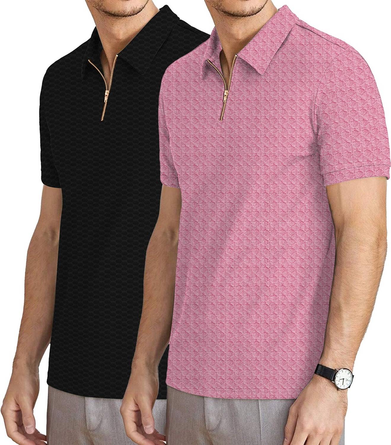 KAJARU Men's Zip Neck Solid Black, Pink T-Shirt - Image 3