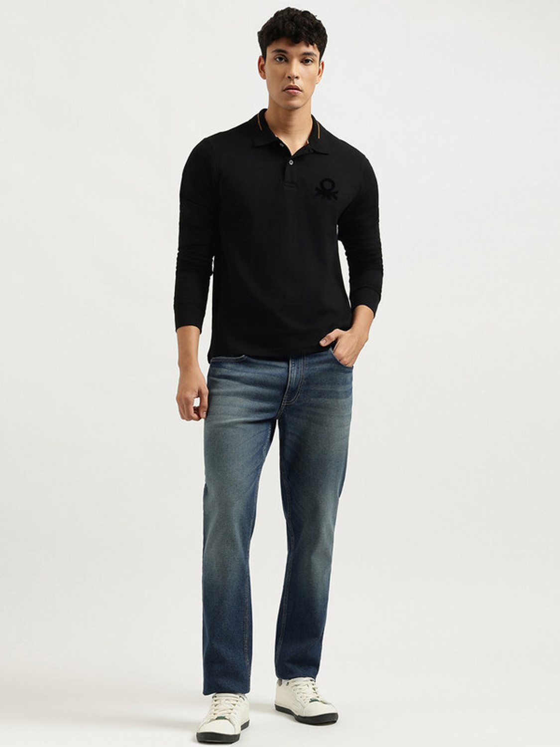 Image of United Colors of Benetton Printed Men Polo Neck Black T-Shirt