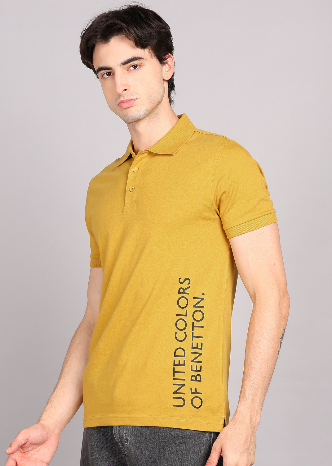Image of United Colors of Benetton Printed Men Polo Neck Yellow T-Shirt