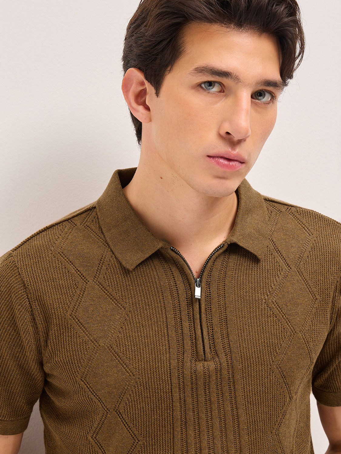Image of THE BEAR HOUSE Self Design Men Polo Neck Brown T-Shirt