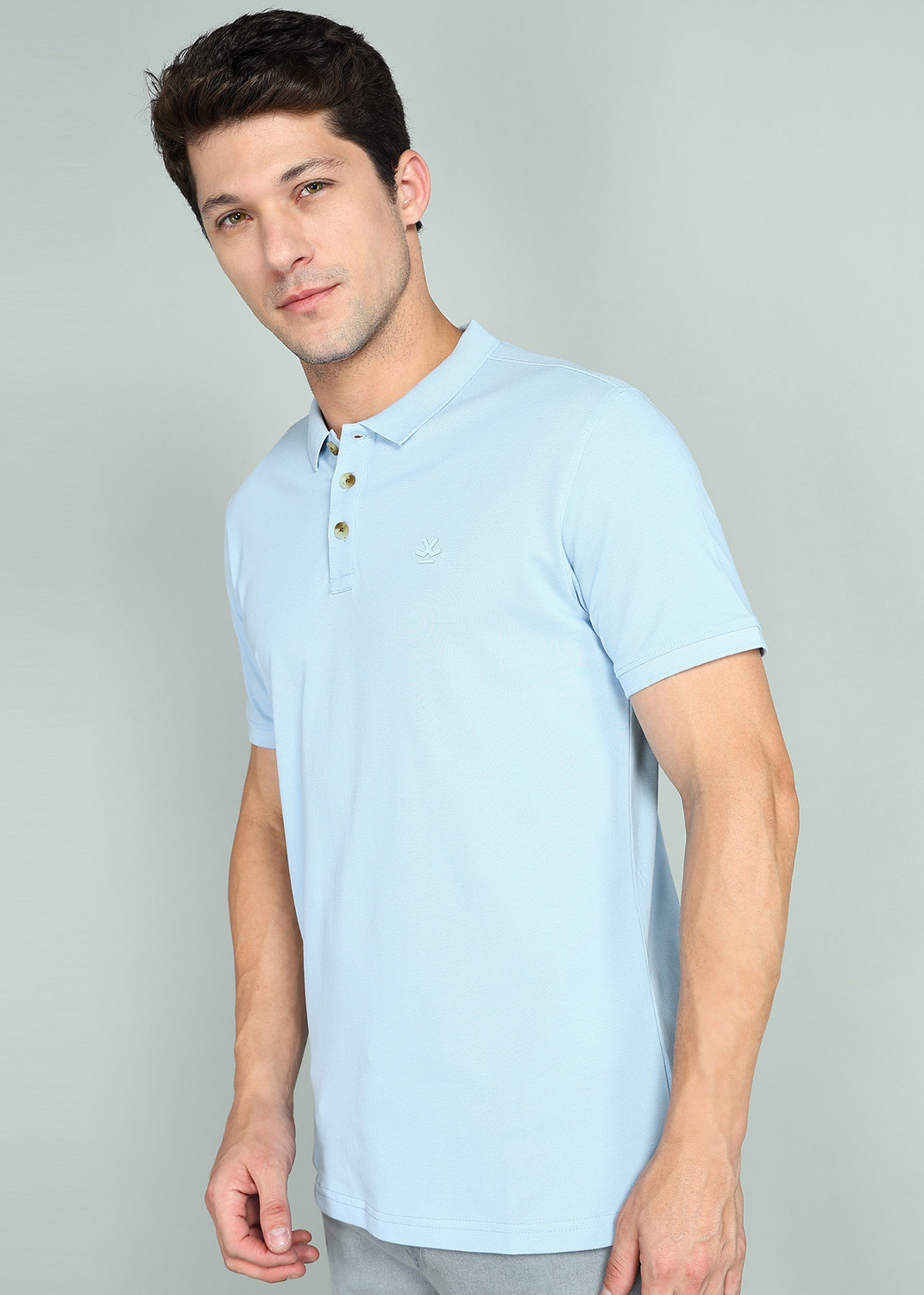 Image of WROGN Solid Men Polo Neck Light Blue T-Shirt