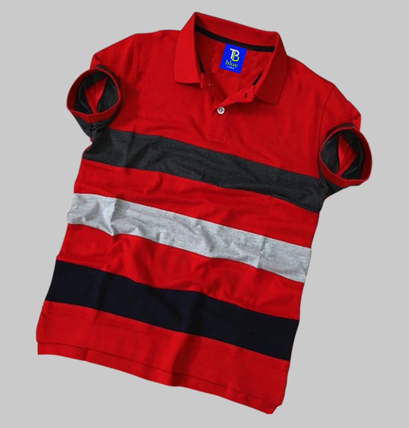 TB Blue Men Striped Polo Neck Cotton Blend Red T-Shirt