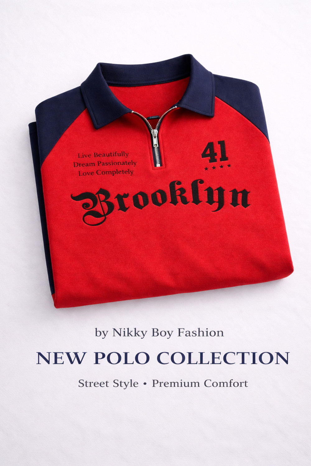 Image of Conway Typography Men Zip Neck Red, Blue T-Shirt
