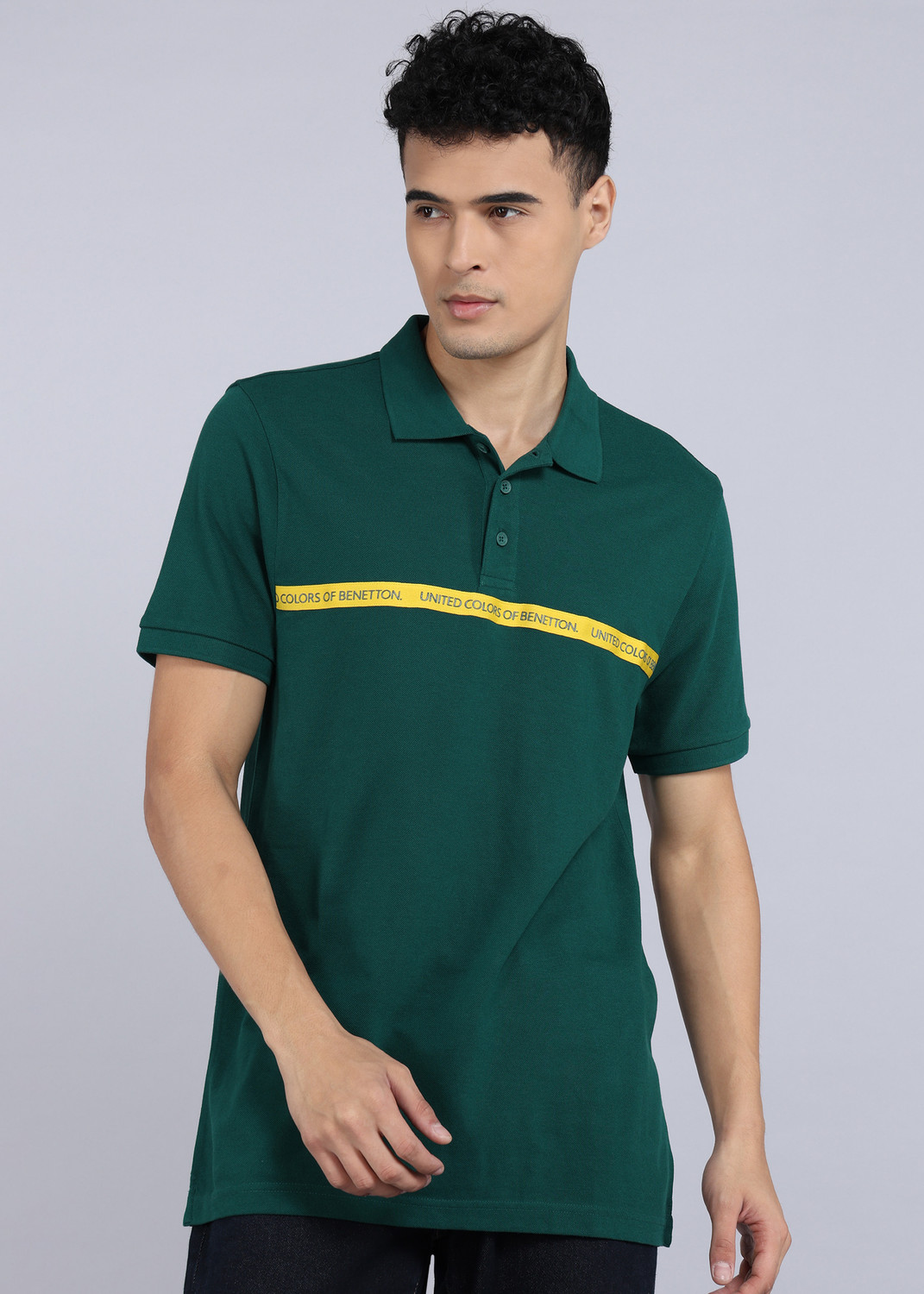 Image of United Colors of Benetton Printed Men Polo Neck Green T-Shirt