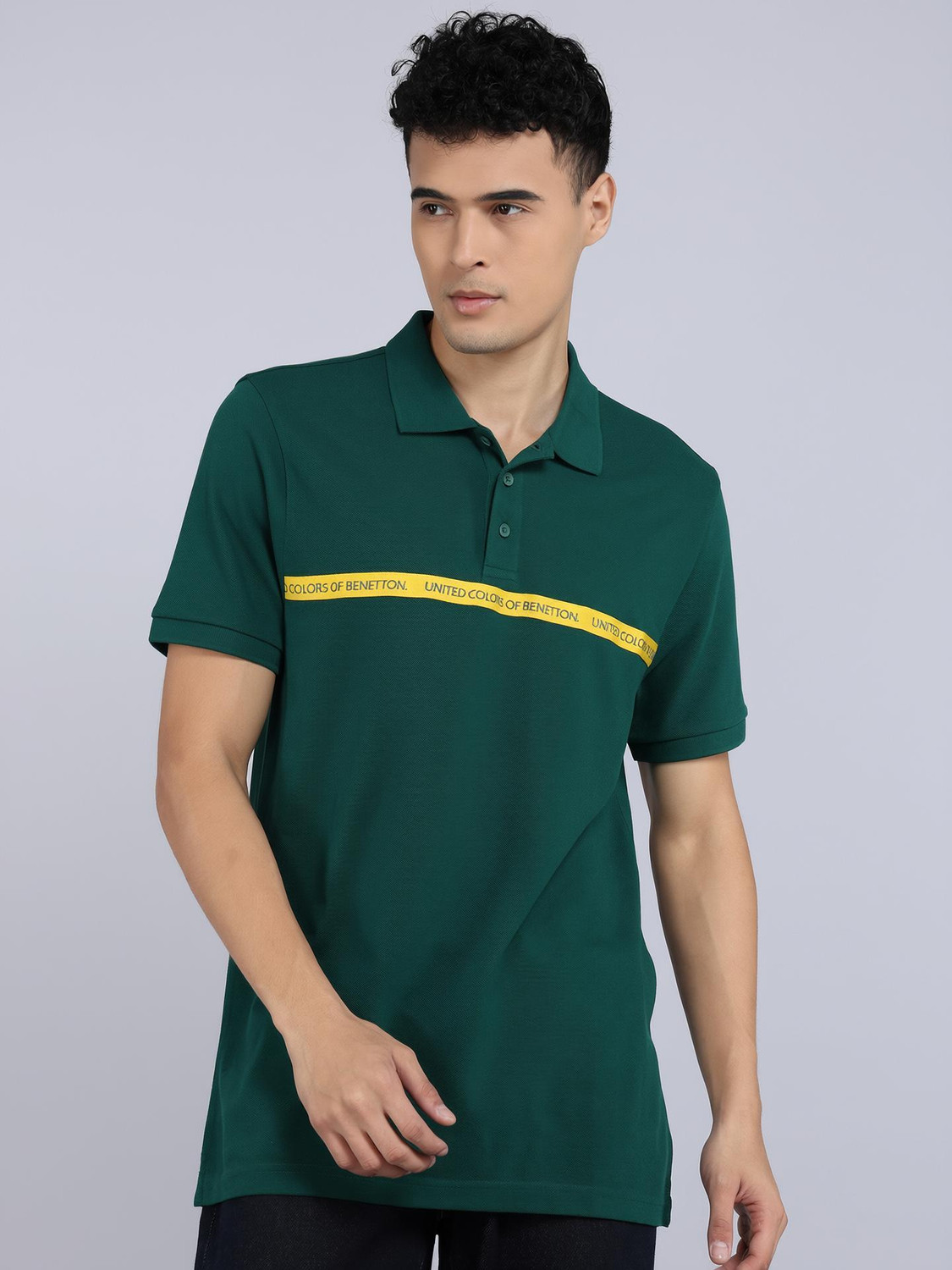 Image of United Colors of Benetton Printed Men Polo Neck Green T-Shirt